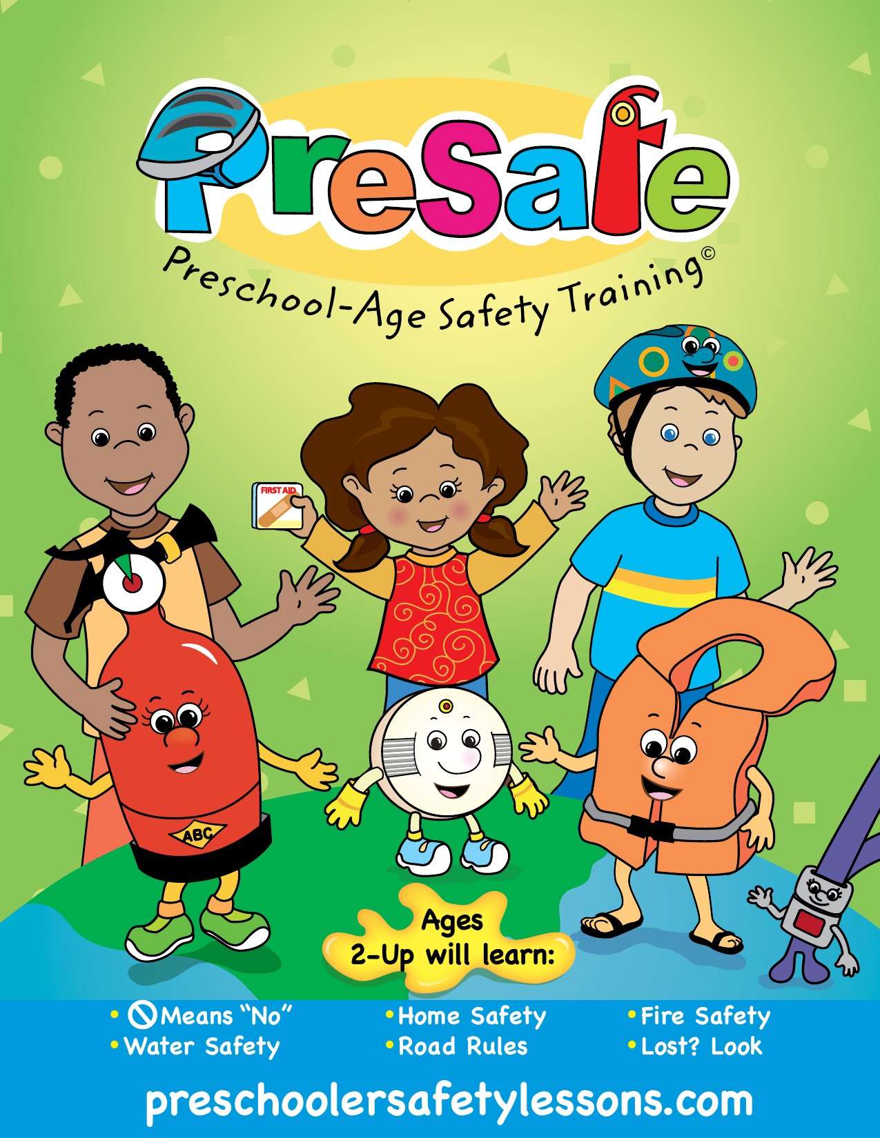 PreSafe workbook cover: Preschool-Age Safety Training with the five safety characters