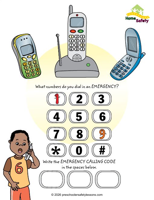 Workbook page: practice dialing the emergency number on a phone keypad