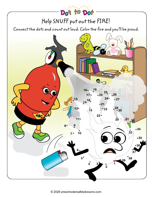 Workbook page: connect the dots to help Snuff put out the fire