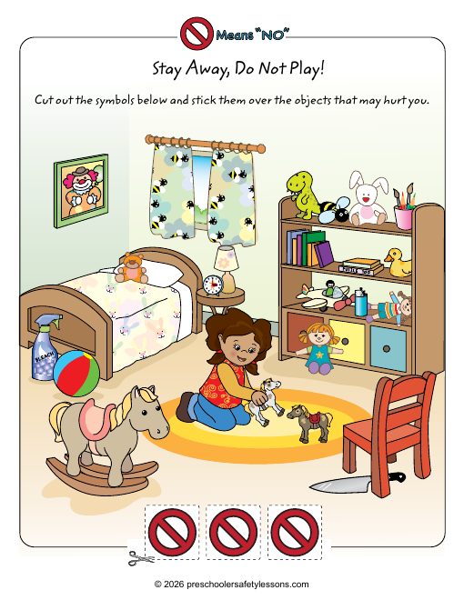 Workbook page: a bedroom scene where the child circles the hazards